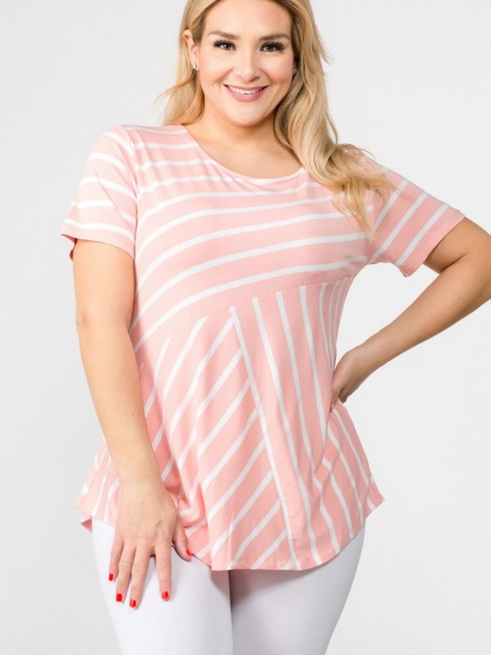 Plus Yelete Women's Short Sleeve Striped Tunic Dusty Pink Rose Sizes XL, 2X, 3X